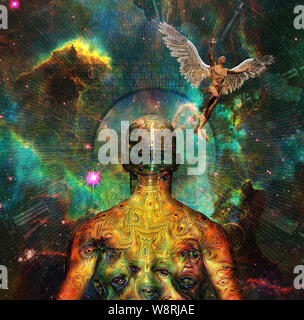 Le surréalisme. La figure de l'homme étrange avec des yeux démoniaques sur sa peau se tient devant des univers. L'homme avec des ailes symbolise l'ange. Le rendu 3D Banque D'Images