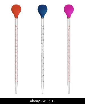 Pipettes mesurées pour la recherche chimique et biochimique. Récipient en verre utilisé pour la mesure précise et le dosage du volume de liquide. Jeu de pipettes avec Illustration de Vecteur