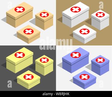 Ensemble de boîtes de tailles différentes avec symboles medecine. Boîtes en carton multicolores pour médicaments. Vecteur plan isométrique Illustration de Vecteur
