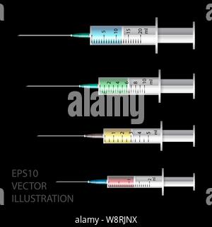 Seringue médicale. Ensemble de seringues jetables en plastique de différentes tailles pour injection sous-cutanée et intramusculaire. Vector . Illustration de Vecteur