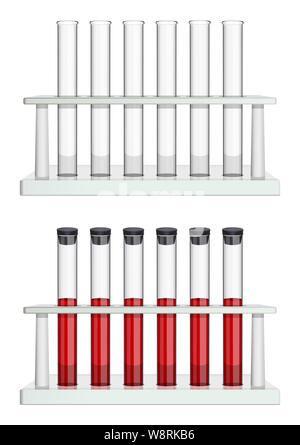 Un ensemble de tubes à essai dans les casiers. Et vide tubes remplis de sang. Équipement de laboratoire spéciaux pour la médecine, la pharmacie et la biologie. Vector Illustration de Vecteur