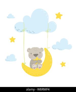 Cute Bear est en train de pivoter sur une lune swing et tenant une star télévision cartoon vector illustration pour les enfants. Parfait pour t-shirt, impression textile, les enfants portent des pépinières fashion design, carte d'invitation de douche de bébé. Illustration de Vecteur