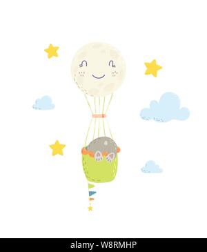 Cute Bear est voler dans un ballon à air chaud télévision cartoon vector illustration pour les enfants. Parfait pour t-shirt, impression textile, les enfants portent des pépinières fashion design, carte d'invitation de douche de bébé. Illustration de Vecteur