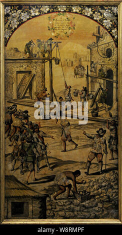 La conquête espagnole de l'Empire Aztèque (1519-21). Construction de la Villa Rica de la Vera Cruz, avec l'aide de l'Indiens Totonaque. 3 Conseil issu d'une série de 24 conseils scolaires réalisés avec le 'enconchado » technique (fragments de nacre intégré dans la surface en bois, et des couches de peinture sont ajoutées à la surface brillante). Peint par Juan et Miguel Gonzalez (actif dans la deuxième moitié du 17ème siècle). Règne de Charles II. Huile sur panneau et nacre. Vice-royauté de Nouvelle Espagne. Mexique, 1698. Musée de l'Amérique. Madrid, Espagne. Banque D'Images