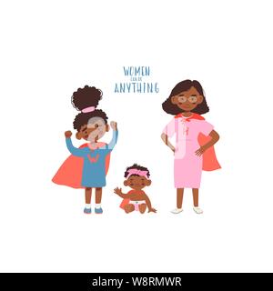 Vector illustration style plat. Jeu de caractères de dessin animé mignon les filles africaines et la femme en costume de super-héros. Le féminisme concept - les femmes peuvent faire quoi que ce soit pour partie, invitations, web, print. Illustration de Vecteur