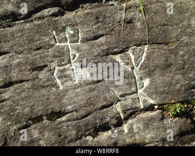 Les peintures rupestres des peuples anciens. Image de chevreuil ou l'orignal. Dessin ancien sur un rocher en Sibérie dans une forêt profonde Banque D'Images