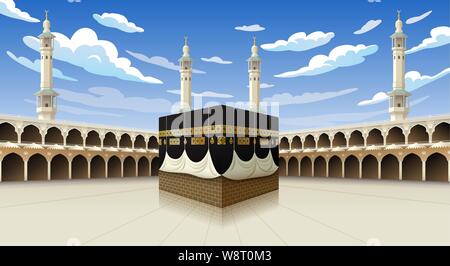 Vue panoramique de la Kaaba le hadj de La Mecque de la mosquée Al-Haram étapes de l'Arabie saoudite, vector illustration de ciel bleu avec des nuages - Eid Adha Mubarak Illustration de Vecteur