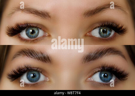 Visage de femme avant et après correction des sourcils. Belle Femme avec de longs cils en institut de beauté. Banque D'Images