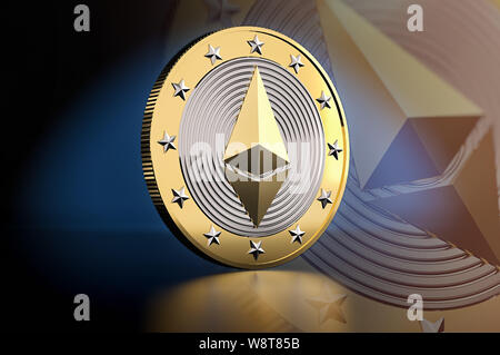 Golden Ethereum - pièce de monnaie virtuelle - Crypto Rendu 3D Banque D'Images