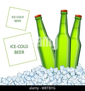 Trois bouteilles de bière light ale ou en permanent et cool ice cubes heap. Conception de l'annonce marketing de la brasserie ou pour partie affiche ou une bannière Illustration de Vecteur