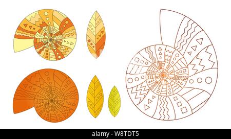 Ensemble de coquilles d'escargots et les feuilles avec triangle, carré et cercle. De l'automne ou couleurs d'automne - jaune, orange, rouge. La ligne de couleur et style art exam Illustration de Vecteur