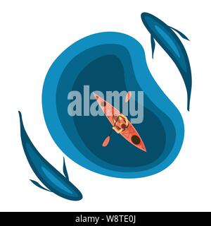 En plein air activités contexte illustration. Parmi les poissons géants en kayak dans le lac. Piscine en plein air, rafting, kayak tour concept. Vector illustration Illustration de Vecteur