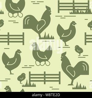 Modèle vectoriel continu d'animaux de ferme, les bâtiments, l'équipement et d'autres éléments en vert. Illustration de Vecteur