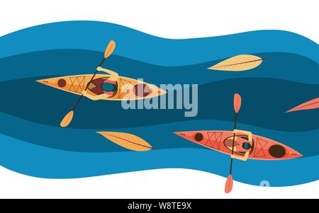 Activités en extérieur à l'illustration. Entre les feuilles des kayaks dans la rivière. Piscine en plein air, rafting, kayak, aventures de la publicité. Homme et femme voyageant Illustration de Vecteur