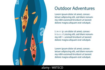 Les activités de plein air ou de bannière. Entre les feuilles de kayak dans la rivière. Piscine en plein air, rafting, kayak, aventures de la publicité. Vector illustrat Illustration de Vecteur