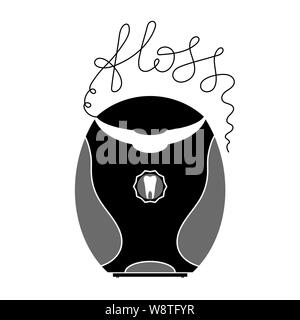 L'icône du fil dentaire. Soins des dents. Boîte en plastique, avec étiquette pour la soie dentaire des dents. String pour le nettoyage de la cavité orale Banque D'Images