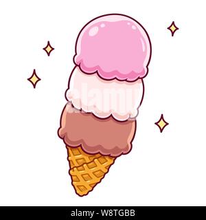 La crème glacée napolitaine caricature dessin. Vanille, Fraise et Chocolat boules en cornet gaufré. Cute, brillants de desserts congelés vector illustration. Illustration de Vecteur