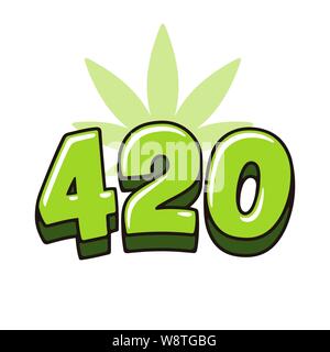 Numéro 420 lettrage dessiné à la main avec des feuilles de marijuana. Symbole dans la culture du cannabis, 20 avril célébration. Illustration de Vecteur