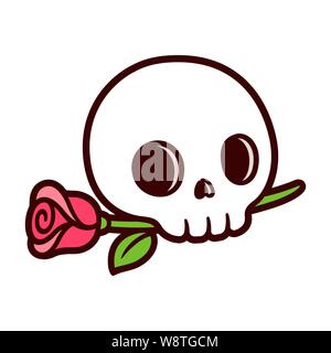 Cartoon crâne avec rose, tatouage traditionnel au style design mignon et simple. Vector clip art illustration isolé. Illustration de Vecteur