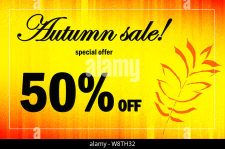 Bandeau publicitaire de l'automne. Frame rempli de jaune-rouge dégradé texturé. Inscription en noir avec cadre blanc silhouette orange en bas des feuilles righ Banque D'Images