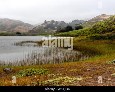 Vue panoramique sur la lagune de rodéo sur un matin brumeux, vu de l'ouest, avec des tons de vert et beaucoup de copier l'espace. Marin Headlands, San Francisco, Banque D'Images