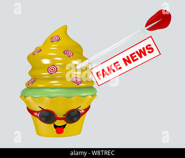 Cupcake Kawaii émoticône avec flèche sur laquelle un panneau avec l'inscription 'fausse news' se bloque. Le rendu 3D Banque D'Images