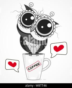 Un hibou sur une tasse de café d'une Vector Illustration Cartoon isolé sur fond. Pour la conception de carte de Vœux, textiles de décoration Illustration de Vecteur