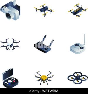 Drone toy icon set. Ensemble de 9 isométrique drone toy vector icons pour la conception web isolé sur fond blanc Illustration de Vecteur