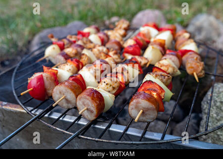 Brochettes savoureuses préparées sur le grill. Un délicieux repas en plein air dans le jardin. La saison d'été. Banque D'Images