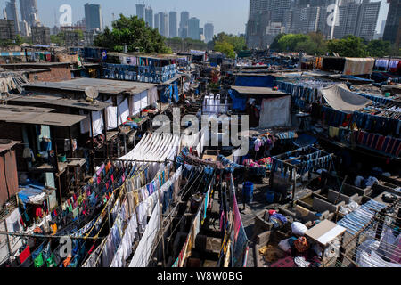 L'Inde, l'État du Maharashtra, capitale de Mumbai alias Bombay. Dhobi Ghat blanchisserie en plein air. Sommaire des balades en plein air énorme blanchisserie. Banque D'Images