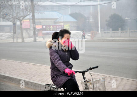 --FILE--un cycliste couvrant sa bouche et le nez avec sa main se déplace sur une route dans le smog lourd dans la ville de Handan, province de Hebei, Chine du nord 21 décembre 201 Banque D'Images