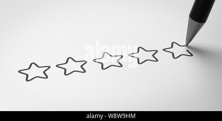Crayon noir écrit cinq étoiles sur White 3D Illustration, concept de satisfaction Banque D'Images
