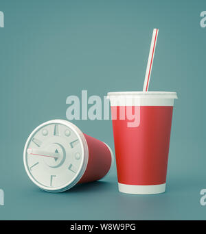 Fast Food rouge tasses avec paille sur fond bleu 3D Illustration Banque D'Images