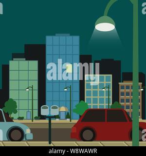 Night Street Ville au centre-ville avec une rangée de bâtiments non éclairées et des voitures en stationnement un parking meter & a allumé la lumière de la rue qui brille dans l'avant-plan Illustration de Vecteur