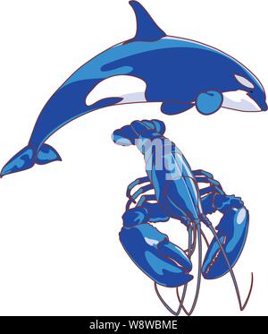 Plus de plongée baleine représentation orcha le homard homard bleu comme couleur graphique avec deux contours sombres Illustration de Vecteur