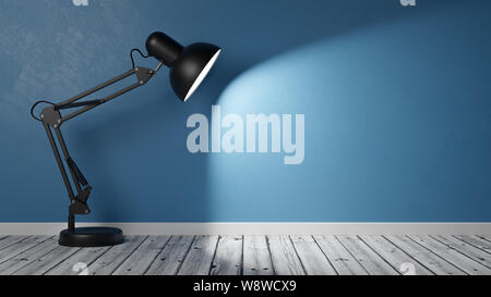 Lampe de bureau noir sur l'éclairage d'un plancher en bois bleu vide paroi avec copie espace 3D Illustration Banque D'Images