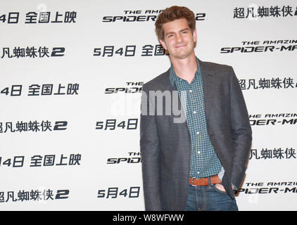 L'acteur américain Andrew Garfield pose au cours d'une conférence de presse pour son nouveau film, The Amazing Spider-Man 2, à Beijing, Chine, 25 mars 2014. Banque D'Images