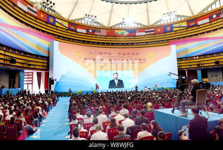 Le vice-Premier ministre chinois Zhang Jaili prononce un discours lors de la cérémonie d'ouverture de la 11e Expo Chine-ASEAN (CAEXPO) et la 11e entreprise Chine-ASEAN et Banque D'Images