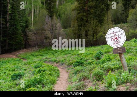 Mount Crested Butte, USA - 21 juin 2019 : forêt de pins arbres avec l'inscription en été pour Snodgrass et Washington Gulch sentiers dans le Colorado Banque D'Images