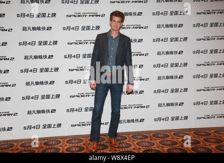 L'acteur américain Andrew Garfield pose au cours d'une conférence de presse pour son nouveau film, The Amazing Spider-Man 2, à Beijing, Chine, 25 mars 2014. Banque D'Images