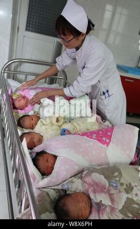 --FILE--une infirmière chinoise prend soin des nouveau-nés dans un hôpital de la ville de Xiangfan, province de Hubei Chine centrale, 3 février 2014. Un Jiangsu prop Banque D'Images