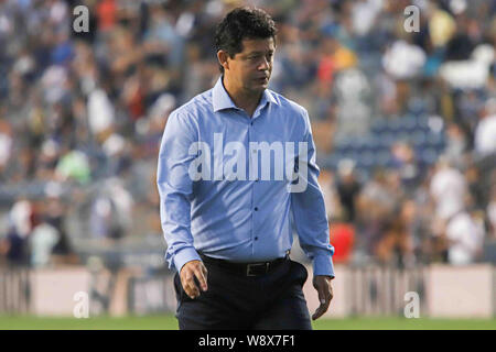 Chester, PA, USA. Août 11, 2019. Houston Dynamo Manager WILMER CABRERA quitte le terrain après un 2-1 perdu le entre l'Union de Philadelphie dimanche, Août 11, 2019, au stade de l'énergie Talen Chester, PA. Credit : Saquan Stimpson/ZUMA/Alamy Fil Live News Banque D'Images