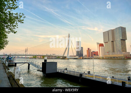 Une vue de l'Erasmusbrug (Erasmus Bridge) qui relie le nord et sud de Rotterdam, aux Pays-Bas. Banque D'Images