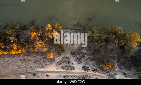 Regardant vers le bas sur un 4x4 dans une clairière besid la grande Darling Anabranch, NSW, Australie. Banque D'Images