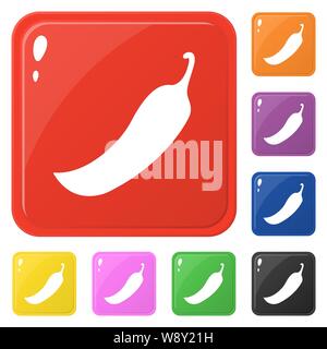 Chili icons set 8 couleurs isolé sur blanc. Collection de boutons colorés carré brillant. Vector illustration pour toute conception. Illustration de Vecteur