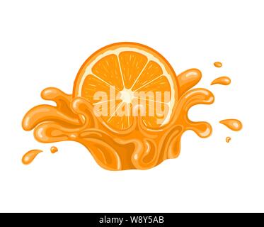 Splash de jus d'Orange isolé sur fond blanc. Un aliment sucré. Fruits biologiques. Vector illustration pour toute conception. Illustration de Vecteur