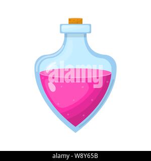 Potion magique en bouteille avec un liquide rose isolé sur fond blanc. Cartoon fairy elixir. Vector illustration pour toute conception. Illustration de Vecteur