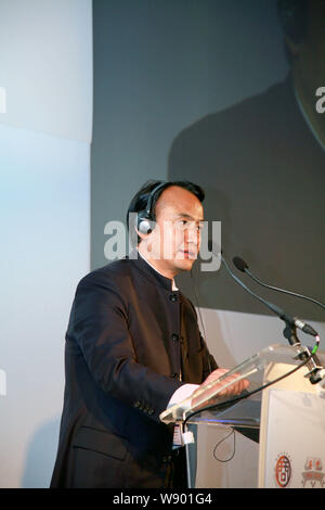 Li Guangrong, président de Sinosafe General Insurance Co., parle à la 1ère UK-China Business Leaders Summit à Londres, Grande-Bretagne, 2 juin 2014. Le Fi Banque D'Images