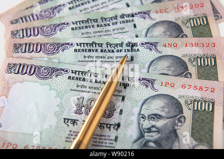 Close up of Mahatma Gandhi on Indian hundred rupee banknotes Stock Photo