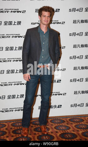 L'acteur américain Andrew Garfield pose au cours d'une conférence de presse pour son nouveau film, The Amazing Spider-Man 2, à Beijing, Chine, 25 mars 2014. Banque D'Images